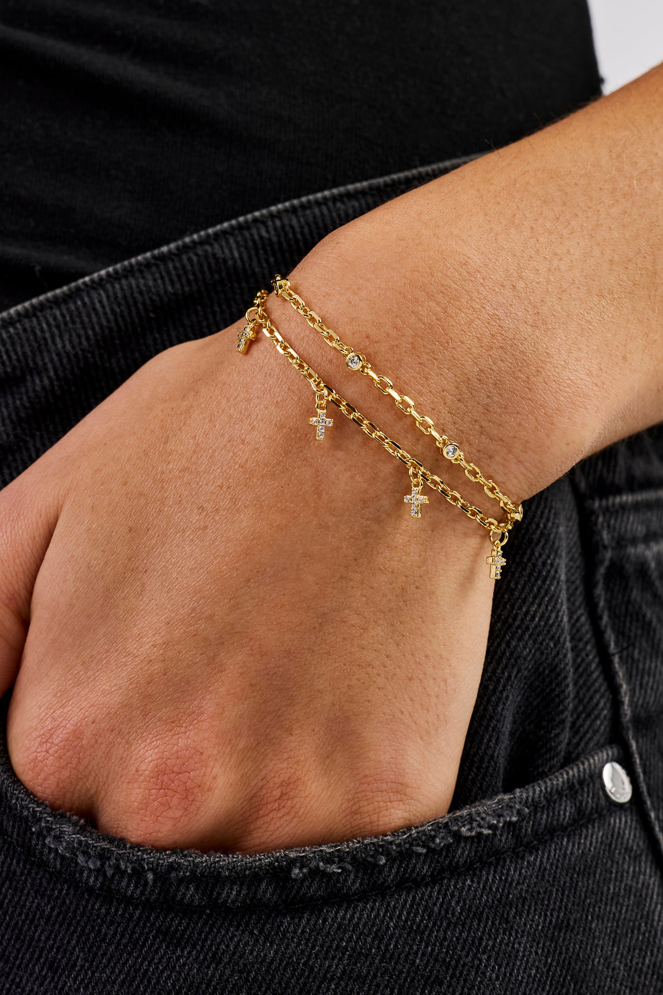Double Layer Iced Cross Bracelet - 5mm - Gold